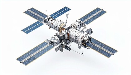 Space station with solar panels detailed 3D model on white background High resolution image showing intricate design