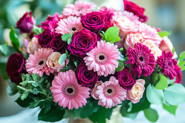 Pink and Burgundy Gerbera Roses Bouquet Floral Arrangement
