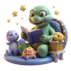 Cute cartoon turtle reads a book to friends under starry sky