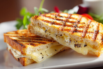 Side view of a grilled panini sandwich with melted cheese oozing out, on a clean white plate with a blurred background 