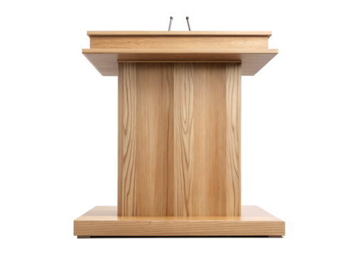 A simple wooden podium with two microphones sits on a white background, isolated on transparent background