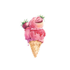 Ice cream in a waffle cone with strawberries in watercolor