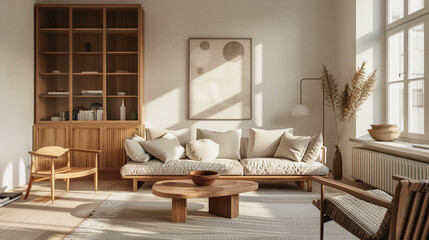 Scandinavian modern interior, minimalist living room, light oak wood furniture, soft neutral tones, functional design, wool and linen textures, indoor plants, large windows, cozy and elegant atmospher