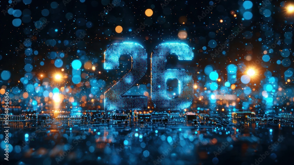 Poster glowing '26' over circuit board with bokeh