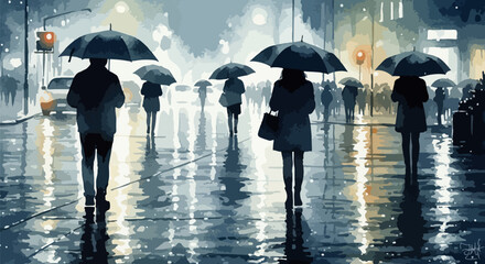  A moody and artistic watercolor of a rainy street scene, with soft reflections and umbrellas, creating an emotional, cinematic atmosphere