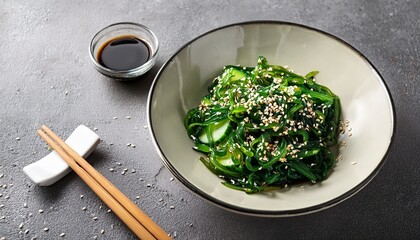 Wakame seaweed salad with cucumber slices, sesame seeds, and soy sauce in a modern bowl on a grey concrete surface.
