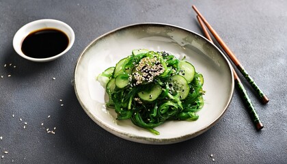 Wakame seaweed salad with cucumber slices, sesame seeds, and soy sauce in a modern bowl on a grey concrete surface.