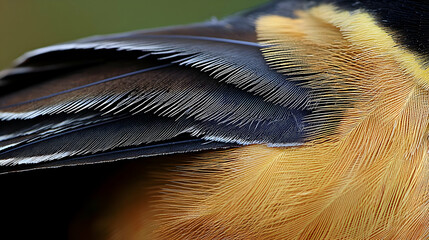Close-up of bird feathers, showing intricate patterns of dark and light colors.  Detailed texture of wing and body plumage