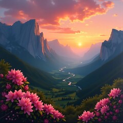 Stunning Mountain Valley at Sunrise with Pink Azaleas