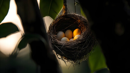 A bird's nest, laden with eggs, hangs amidst foliage. Sunlight illuminates the eggs, creating a warm glow within the intricate woven structure