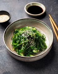 Wakame seaweed salad with cucumber slices, sesame seeds, and soy sauce in a modern bowl on a grey concrete surface.