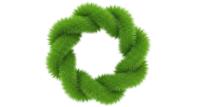 A circular knot made of vibrant green fluffy grass strands on a white background