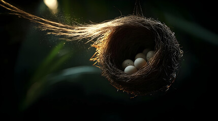 A bird's nest, suspended in the air, holds several pale eggs.  Sunlight highlights the delicate construction