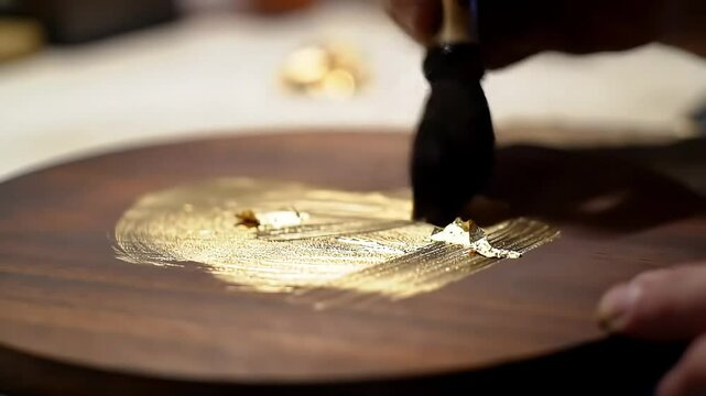 Applying Delicate Gold Leaf: A hand carefully affixes shimmering gold foil to a surface with a soft brush, the fragile metal instantly adhering and creating a gilded effect.