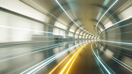 An abstract, high-speed motion effect inside a tunnel, swirling yellow, white, and gray light streaks rapid movement, dynamic, curved futuristic journey or travel high-tech environment