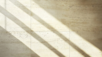 Minimalist beige tiled wall with long diagonal shadows cast by sunlight creating a calm abstract scene
