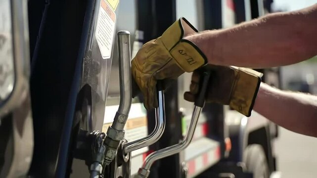 Gloved Hands Operate Hydraulic Controls: A sanitation worker skillfully manipulates the levers on a refuse collection vehicle, managing the compactor system.
