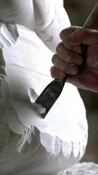 Artisans Hands Shape Marble: A skilled sculptor meticulously carves a large block of marble, using a chisel and mallet to chip away at the stone, creating a work of art.