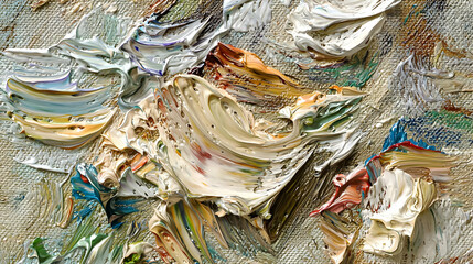 Close-up abstract painting, thick impasto brushstrokes in various colors, cream, beige, orange, and blue, textured canvas surface