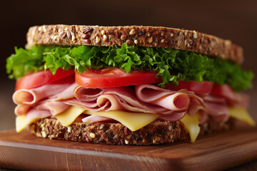 Close-up of a fresh deli sandwich with layers of ham, cheese, lettuce, and tomato on whole grain bread, placed on a wooden board