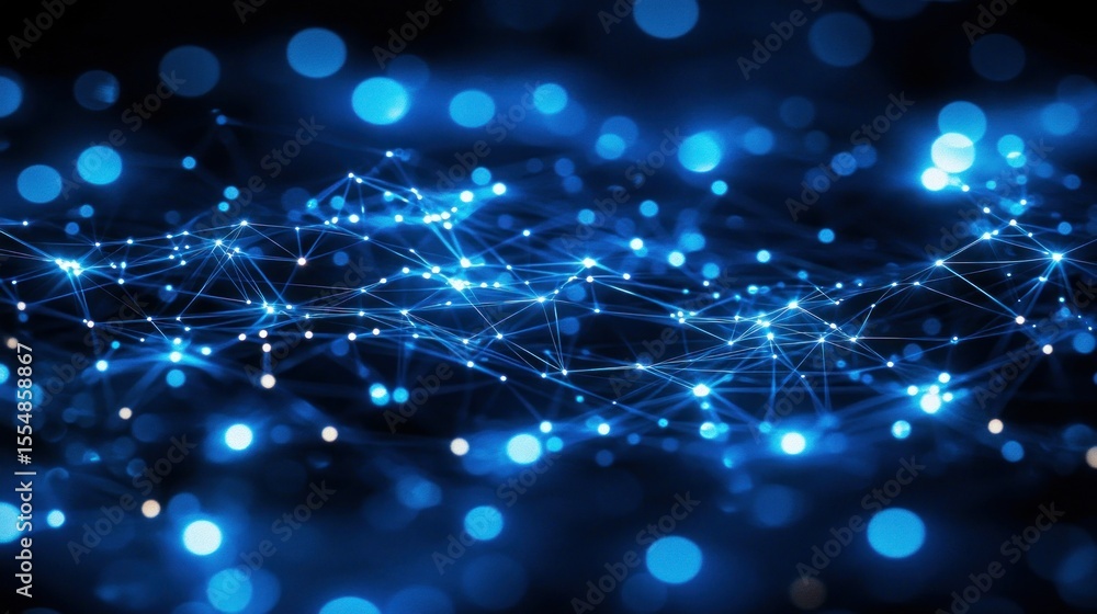 Poster glowing nodes connect in abstract network on dark ground