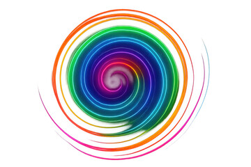 Vibrant neon spiral light swirling against transparent background, representing dynamic energy, musical rhythm, technological innovation