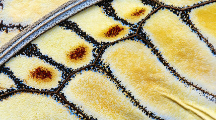Detailed close-up view of a butterfly wing, showing intricate patterns and textures.  The wing's surface is composed of  pale yellow and cream colored scales, interwoven 