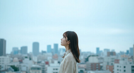 都会の空を見上げる日本人女性