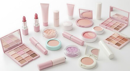 A collection of pink makeup products are arranged on a white background