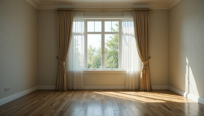 Obraz premium Empty room with large window, light streaming in, elegant drapes.
