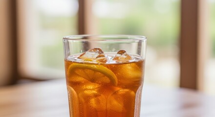 Iced tea in glass with lemon slices