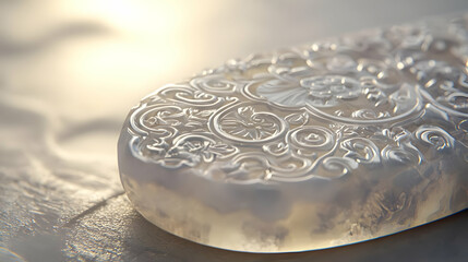 Detailed, ornate carving on a light-colored stone, possibly jade.  Ornamental patterns, possibly Asian inspired,  with delicate relief