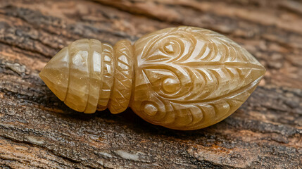 Carved, light orange stone pendant, intricate design, resting on a wooden surface. Detailed carvings depict stylized leaves and patterns