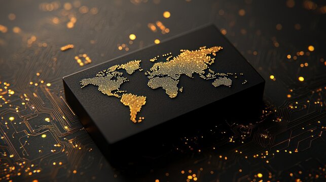 Gold world map on black cube, circuit background - Powered by Adobe