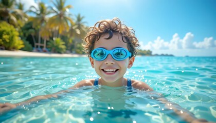 Naklejka premium Cheerful Child Enjoying a Sunny Day Swimming in Tropical Paradise Waters