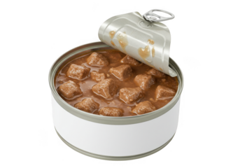Open can of wet dog food with chunks in gravy isolated on transparent background