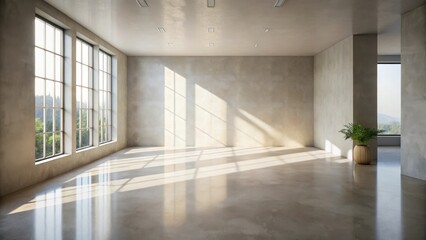 Obraz premium Sunlit Empty Room with Polished Concrete Floor and Large Windows