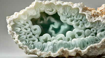 Detailed close-up of a polished mineral slice, revealing intricate, light-green, swirling patterns within a light-beige matrix.  Layers of the mineral create a textured, almost organic design