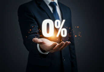 Businessman holding zero percent glowing symbol with sparks