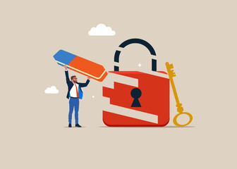 Worker removed red lock with eraser. Flat vector illustration