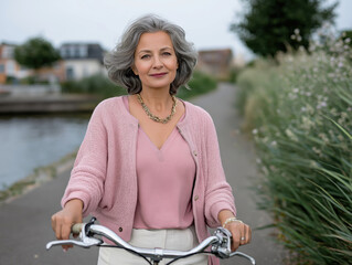 Obraz premium Mature woman with gray hair riding a bicycle along a scenic pathway, surrounded by greenery and a calm waterway, showcasing a healthy and active lifestyle
