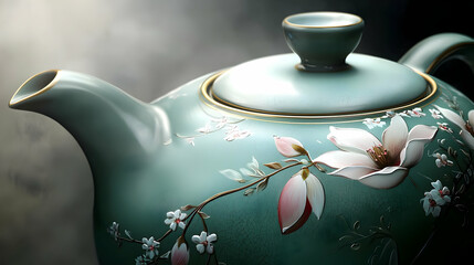 Close-up of a teal-colored teapot with a floral design.  The teapot features a  decorative lid and handle.  Soft light highlights the  delicate magnolia blossoms