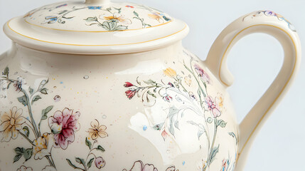 Cream-colored teapot with floral and  decorative patterns.  Detailed painted floral designs, including various flowers, vines, and small insects, decorate the cream-colored surface. 