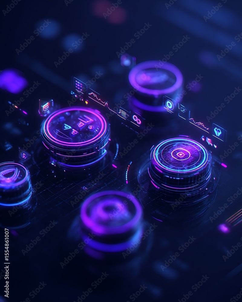 Poster cyberpunk interface with glowing elements displays data