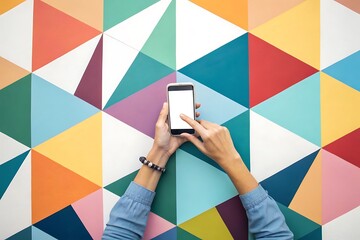 Hands holding smartphone with blank screen against colorful geometric triangle pattern