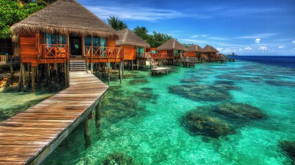 Fototapeta premium Tropical beach resort with wooden bungalows over crystal clear water.