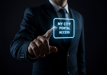 Businessman pressing a glowing button for city portal access
