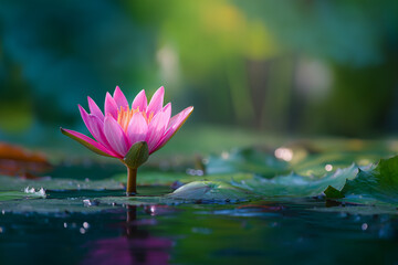 Macro shot of a vibrant pink lotus emerging from water, soft ripples around it and deep green jungle bokeh in the background