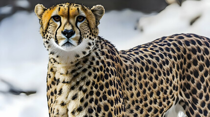 Close-up of a cheetah, displaying its distinctive spotted coat against a snowy backdrop.  The animal's gaze is directed forward, and its musculature is visible