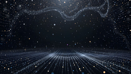 Metallic silver polka dots on a dark background with a modern, futuristic style. Ideal for digital marketing backdrops, tech event designs, and sleek web graphics.